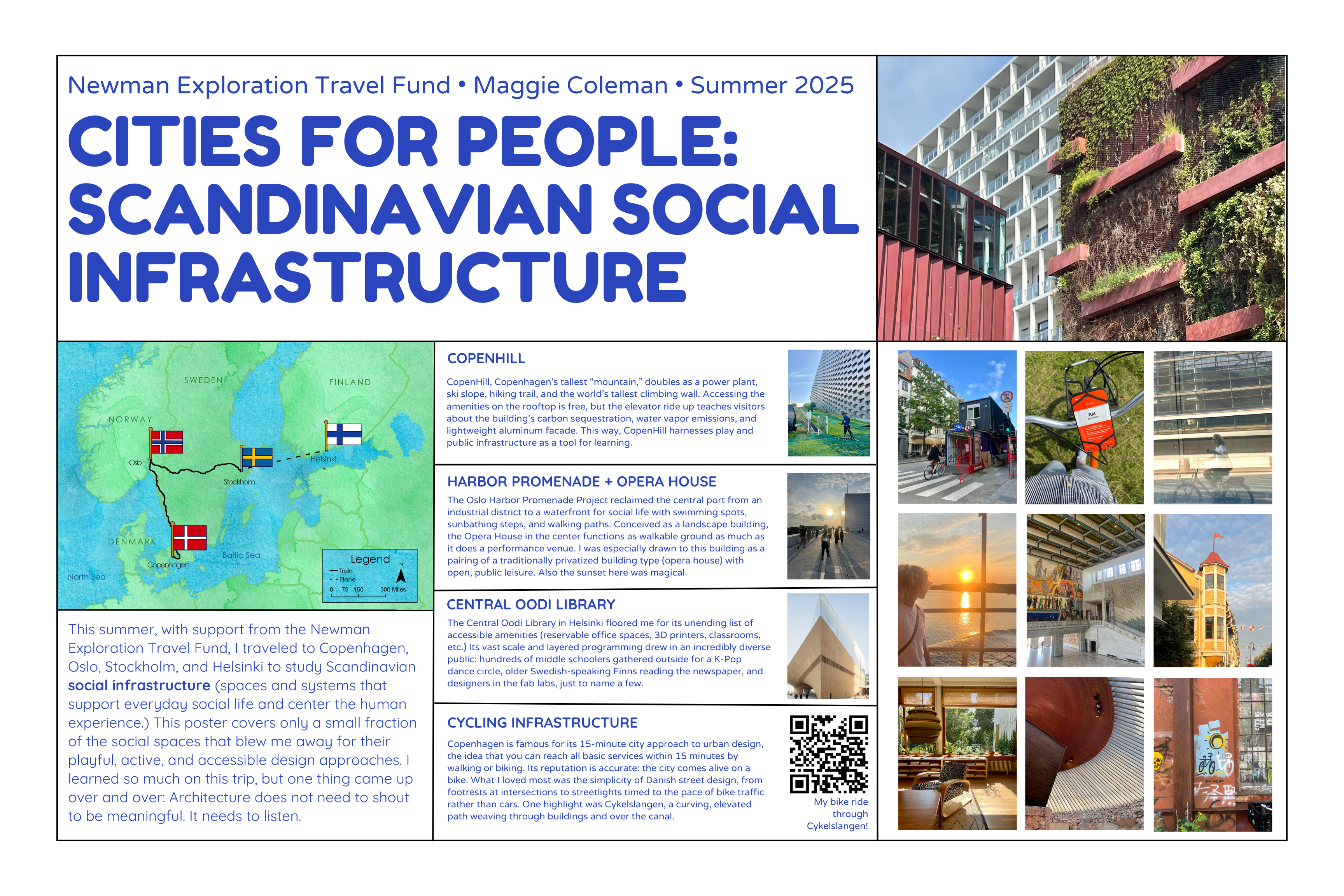 Research poster titled Cities for People: Scandinavian Social Infrastructure, summarizing the Newman Exploration Travel Fund trip to Copenhagen, Oslo, Stockholm, and Helsinki, with photos, a travel map, and case studies of CopenHill, the Oslo Harbor Promenade and Opera House, the Central Oodi Library, and Copenhagen's cycling infrastructure